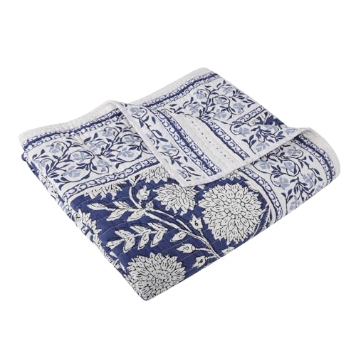 Levtex Home - Adare Denim Quilted Throw - (50x60in.) - Floral - Blue White - Reversible - Cotton - color: Denim