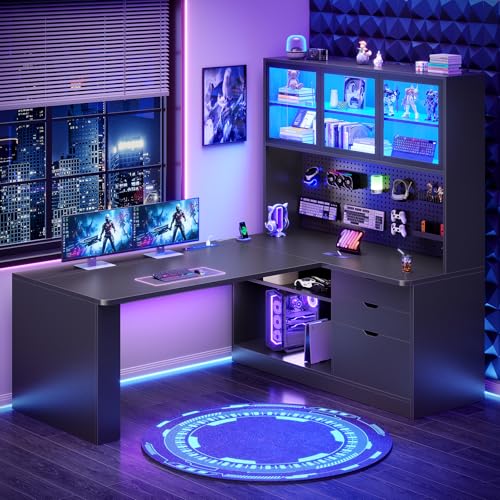 SEDETA L Shaped Corner Gaming Desk with 3 Wood Drawer and Large Bookshelf | L Shaped Computer Desk with LED Light, Display Cabinet and Pegboard for Home Office, 27.5" W Large Desktop Table, Black - color: Black