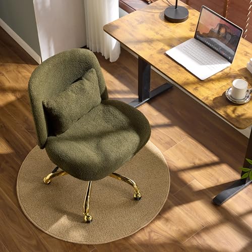 VINGLI Wide Criss Cross Legged Office Chair,Buttprint Ergonomic Desk Chair Comfy with Pillow&Gold Base,Dual-Use with/no Wheels,Adjustable Vanity Swivel Chair for Bedroom,Home Office,Teddy Fleece,Green - color: Olive Green