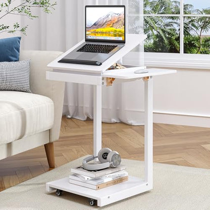 C Shaped End Table, Rolling Side Table with 4-Way Convertible Desktop, Wooden C Table with Multi-functional Folding Tray & Lockable Wheels, Side Table for Couch, Living Room, Bedroom, White - color: White 01