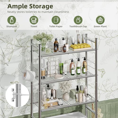 Simple Trending 3 Tier Over The Toilet Rack, Bathroom Shelves with 4 Hooks and Paper Holder, Bathroom Stand Organizer Space Saver, Chrome