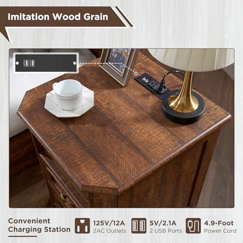 T4TREAM Farmhouse Nightstand with Charging Station, 18" End Table with 2 Drawers, Wood Side Table, Bedside Cabinet for Bedroom, Living Room (Brown) - color: Brown