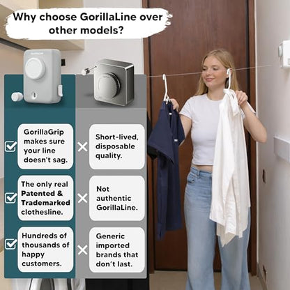 Max – Retractable Clothesline Indoor Outdoor, Non-Sagging Heavy Duty Clothes Drying Line, Wall Mounted Drying Rack, Air Dry Clothing, Max Tighten with GorillaGrip - style: Gray - Upgraded Model