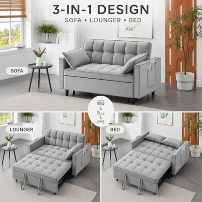 3 In 1 Velvet Convertible Sofa Bed, Pull Out Couch Bed with Reclining Backrest And 2 Pillows, 54" Full Size Loveseat Sleeper Sofa Futon Couch Bed, Couches For Small Spaces, Living Room (Silver Grey) - color: Silver Grey
