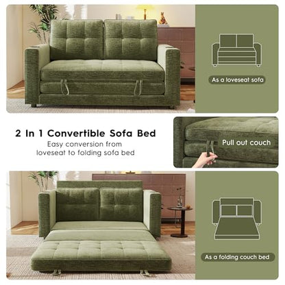 55" Convertible Folding Sofa Bed, Pull Out Couch Love Seat Sleeper Bed, Small Fold Out Loveseat sleeper with Cup Holder and Pillow for Small Space, Bedroom Lounge, Dorm, Living Room(Green Chenille) - color: Green
