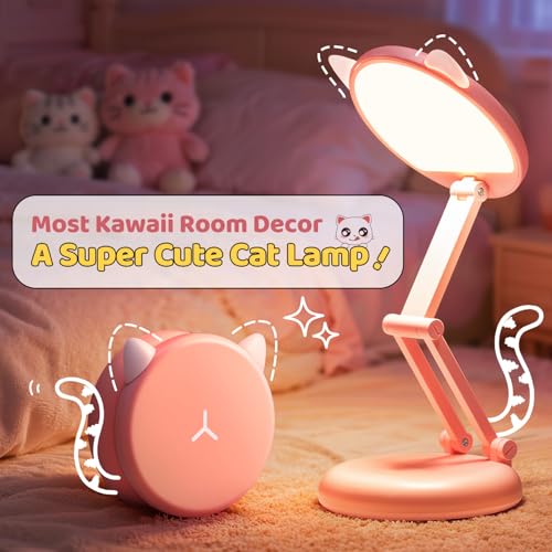 One Fire Cute Desk Lamp Pink Dorm Lamps for College Girls Foldable Portable Rechargeable Dimmable Cute Cat Lamp Kawaii Room Decor,College Dorm Decor for Girls Pink Classroom Essentials - color: Pink