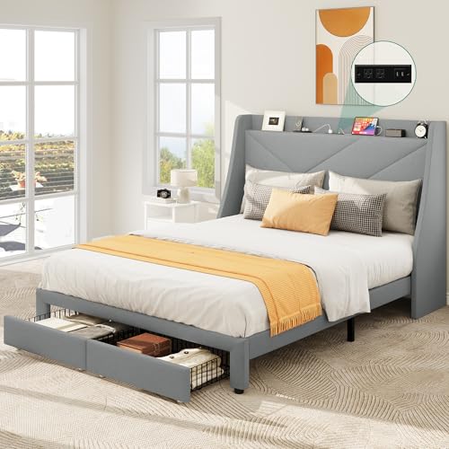 YITAHOME Storage Bed Frame, Queen Size Bed Frame with Type-C & USB Port and 2 Drawers, Upholstered Headboard Storage Shelf Platform Bed, No Box Spring Needed, Easy Assembly, Grey - color: Grey, size: Queen
