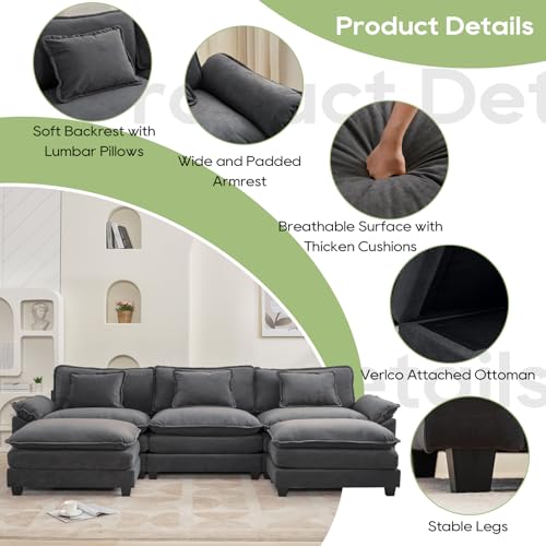 120" Modular Sectional Sofa, Comfy Deep Cloud Couch with Ottoman | U-Shaped Couches for Living Room, Modular Couch, Deep and Wide Seat, Velvet Sofa Sleeper with Throw Pillows, Blue Grey - color: Blue Gray, size: 120 Inch U