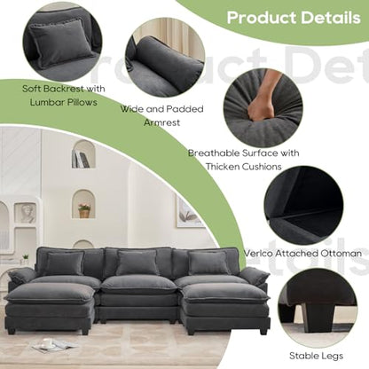 120" Modular Sectional Sofa, Comfy Deep Cloud Couch with Ottoman | U-Shaped Couches for Living Room, Modular Couch, Deep and Wide Seat, Velvet Sofa Sleeper with Throw Pillows, Blue Grey - color: Blue Gray, size: 120 Inch U
