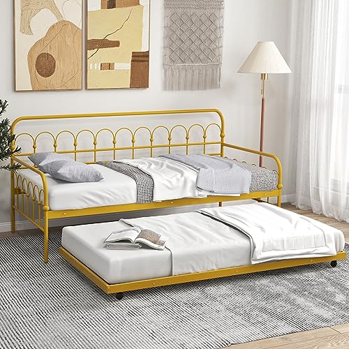 Giantex Twin Daybed with Trundle Gold, Metal Day Bed with Convenient Pull-Out Trundle Bed, Metal Slats, Lockable Universal Wheels, 2-in-1 Daybed Bed Frame for Guest Room, Living Room, Bedroom