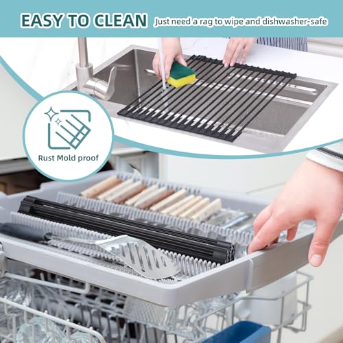 Ohuhu Roll Up Dish Racks, 16.5" L x 13" W Over The Sink Dish Drainer Drying Rack Kitchen Sink Organizer Silicone Wrapped Large in Sink Dish Drying Rack Foldable Rolling Drain Mats Anti-Slip - color: Black, size: 16.5"W x 13"L
