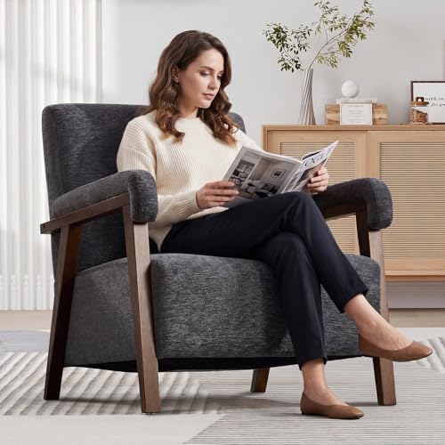 Bonzy Home Mid-Century Modern Accent Chair Set of 2,Upholstered Armchair with Lumbar Cushion Padded Arms,Comfy Fabric Reading Chair with Stable Wooden Frame for Living Room & Bedroom,Grey - color: Dark Grey, size: 2PCS