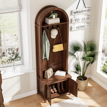 Hall Tree with Bench and Shoe Storage 4-in-1 Entryway Bench with Coat Rack | 70.9"Arch Coat Rack with Fluted Doors and 4 Hooks,Top Cubby,Farmhouse Tall Hall Tree Entryway Organizer for Hallway,Walnut - size: 23.7"W