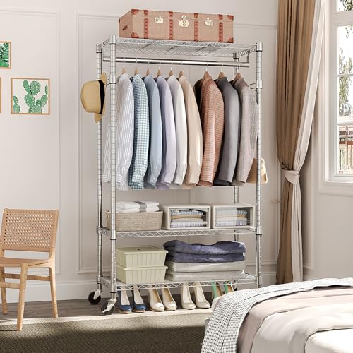 M MZG Heavy Duty Rolling Garment Rack 3 Tiers Adjustable Wire Shelving Clothes Rack with Rods and Side Hooks,Storage Closet Clothing Rack with Wheels Chrome 15.7" D x 29.5" W x 74.5" H - color: Chrome, size: 3 Tier with 1 rod, 15.7"D x 29.5"W x 74.5"H