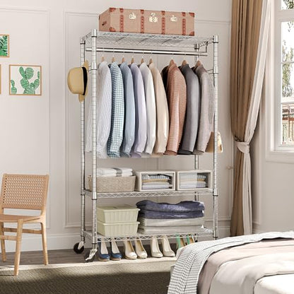 M MZG Heavy Duty Rolling Garment Rack 3 Tiers Adjustable Wire Shelving Clothes Rack with Rods and Side Hooks,Storage Closet Clothing Rack with Wheels Chrome 15.7" D x 29.5" W x 74.5" H - color: Chrome, size: 3 Tier with 1 rod, 15.7"D x 29.5"W x 74.5"H