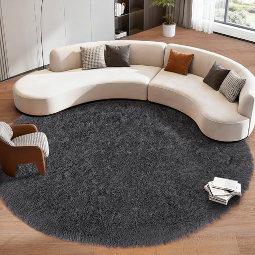 Large Round Rug 5ft, Fluffy Circle Rugs for Bedroom, Plush Shag Carpets | Anthracite Gray Non Slip Rugs, Modern Indoor Carpet for Living Room Kids Room Nursery Playroom Dorm Home Decor - color: Anthracite Gray, size: 5' (Round)
