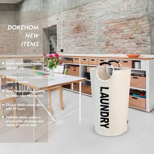 DOKEHOM 90L Large Laundry Basket Bag, Collapsible Tall Hamper, Beige | Freestanding tall washing bin & foldable laundry bag. High-capacity clothes storage basket with durable sturdy handles - color: Beige, size: 90L