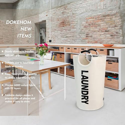 DOKEHOM 90L Large Laundry Basket Bag, Collapsible Tall Hamper, Beige | Freestanding tall washing bin & foldable laundry bag. High-capacity clothes storage basket with durable sturdy handles - color: Beige, size: 90L