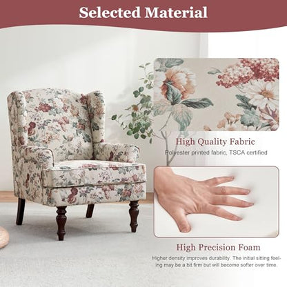 HUIMO Printed Wingback Accent Chair, Linen Upholstered High Back Armchair, Comfy Reading Chair for Living Room Bedroom Study, 300lbs Weight Capacity (1, Red Floral) - color: Red Floral