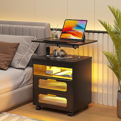 HNEBC LED Nightstand Set of 2 with Charging Station & Adjustable Overbed Desk, 3 Color LED Lights & Body Sensor, Mobile Bedside Table with Wheels, 2 Drawers & Open Shelf for Bedroom (Black) - color: 9603-2-black