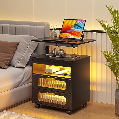 HNEBC LED Nightstand Set of 2 with Charging Station & Adjustable Overbed Desk, 3 Color LED Lights & Body Sensor, Mobile Bedside Table with Wheels, 2 Drawers & Open Shelf for Bedroom (Black) - color: 9603-2-black