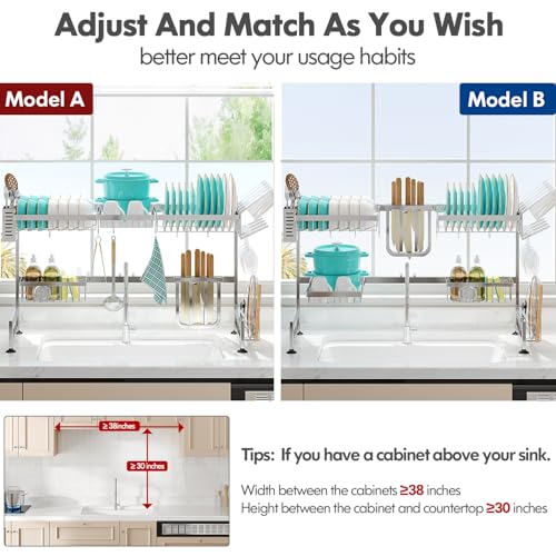 2 Tier Extra Large Stainless Steel Over The Sink Dish Drying Rack | Rust Proof Metal, Expandable Kitchen Sink Drainer, Counter Space Saving, Heavy Duty, Modern Silver, Multifunctional Storage - color: Silver, size: Over Sink 2 Tier