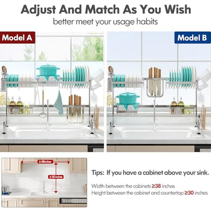 2 Tier Extra Large Stainless Steel Over The Sink Dish Drying Rack | Rust Proof Metal, Expandable Kitchen Sink Drainer, Counter Space Saving, Heavy Duty, Modern Silver, Multifunctional Storage - color: Silver, size: Over Sink 2 Tier