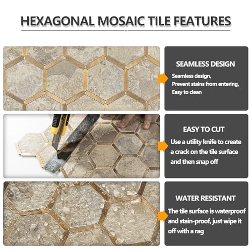 STICKGOO Hexagon Peel and Stick Backsplash Tile, Stick on Backsplash for Kitchen and Bathroom, Stone Beige PVC Mixed Metal Gold Self Adhesive Wall Tiles(10 Sheets, Seamless) - color: Stone Beige with Metal Gold