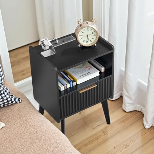 MAHANCRIS Black Nightstand with Charging Station, Modern Bedside Table with Drawer and Storage Shelf, End Side Table with Solid Wood Legs, Night Stand, Living Room, Bedroom, Small Space, ETBK61E01 - color: Black