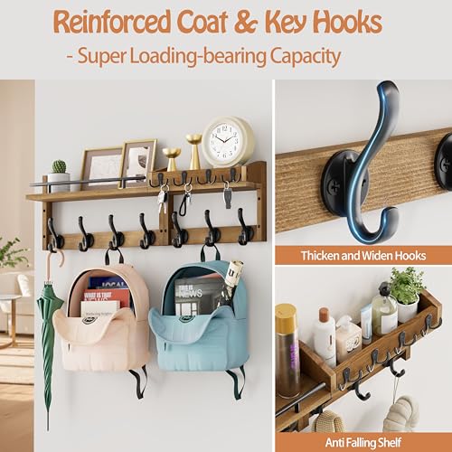 29 inch Coat Rack Wall Mount with Shelf, Entryway Wall Shelf with Hooks, Heavy Duty Coat Hanger Wall Mount with Key Holders and Mail Organizer for Living Room, Bedroom, Brown - color: Brown