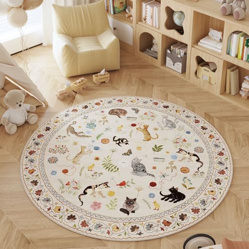 Rugcomf Round Rug 4ft Washable Circle Rug Non Slip Low Pile Boho Floral Animal Cat Small Circular Rug for Bedroom Bathroom Entryway Kids Room Office College Dorm, Beige - color: Beige/Cat, size: 4' (Round)