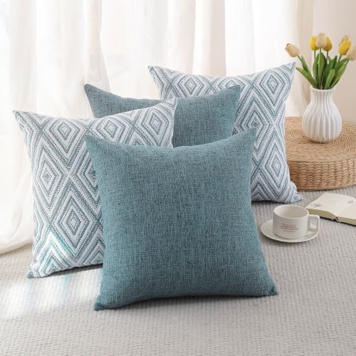 HPUK Throw Pillow Covers 18x18, Set of 4, Blue Textured Couch Pillow Covers | Polyester fabric, patterned and solid designs, hidden zippers, machine washable, for sofas and beds, inserts not included - color: Blue, size: 18" x 18" (Pack of 4)
