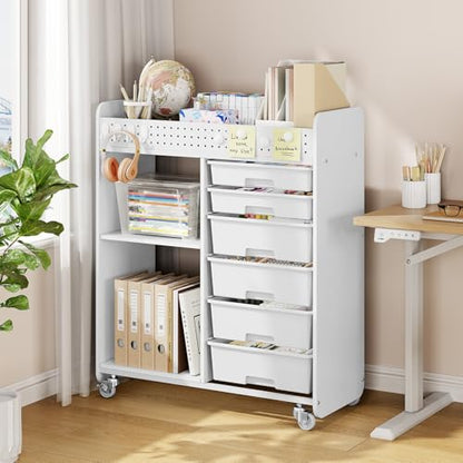 Rolling Craft Cart with 6 Drawers, Pegboard and Locking Wheels White | Ample multi-zone storage, 2 open shelves, art cart for classrooms, homeschool and offices, sturdy wood-metal frame - color: White