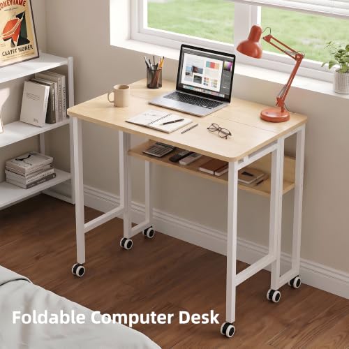 VECELO Folding Desk with Upgraded Wheels, 24.8 Inch Rolling Computer Table with Storage Shelf, Space Saving Sofa Table, Portable Mobile Workstation Small Spaces, Easy Assembly, Light Oak - color: Light Oak