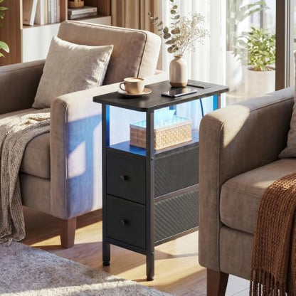 Narrow End Table with Charging Station, Small Nightstand | Skinny Side Tables Living Room with 2 Fabric Drawers, Bedside Table with LED Lights for Bedroom, Small Spaces, Black - color: Black, size: 23.22''H (2 Drawers), style: Power + Light
