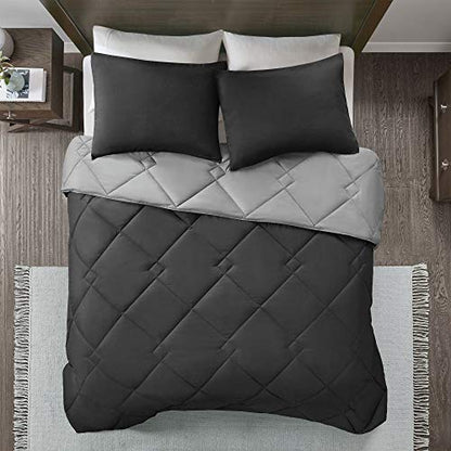 Comfort Spaces Vixie Reversible Comforter Set - Trendy Casual Geometric Quilted Cover, All Season Down Alternative Cozy Bedding, Matching Sham, Black/Gray, Twin/Twin XL 2 piece | Down Alternative, All Season, Bedding for Bedroom, Geometric Pattern, Revers