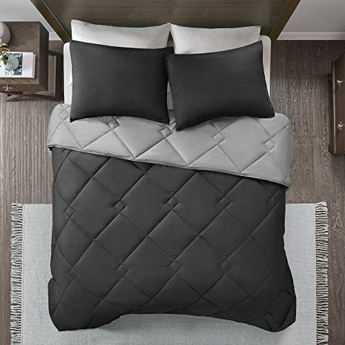 Comfort Spaces Vixie Reversible Comforter Set - Trendy Casual Geometric Quilted Cover, All Season Down Alternative Cozy Bedding, Matching Sham, Black/Gray, Full/Queen 3 piece | Down Alternative, All Season, Bedding for Bedroom, Geometric Pattern, Reversib
