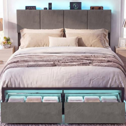 J.Fkne Queen Bed Frame with Charging Station and LED Lights, Metal Platform Bed with 2 Storage Drawers, Upholstered Headboard, Noise Free, No Box Spring Needed, Easy Assembly