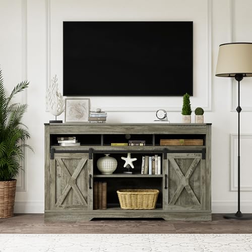 RoyalCraft Farmhouse TV Stand with Sliding Barn Door for TVs up to 65+ Inch, 34" Tall Entertainment Center, Wood Media Console Storage Cabinet for Bedroom, Living Room, Light Grey - color: Light Grey, style: Without Fireplace
