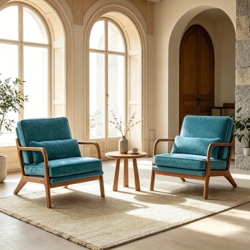 Karl home Mid-Century Modern Accent Reading Chair, Teal | Chenille Upholstered, Solid Wood Frame, Soft Cushion, Lumbar Pillow, Lounge Armchair for Living Room, Bedroom, Balcony, Study - color: Chenille Teal