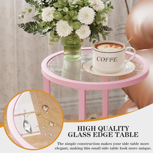 Easy Paws C Table Side End Table, Small Round Couch Sofa Tray Snack Table for Living Room, Bedroom,Accent Coffee Table,TV Tray Table for Small Space, Nightstand with Metal Frame(Pink) - color: Pink