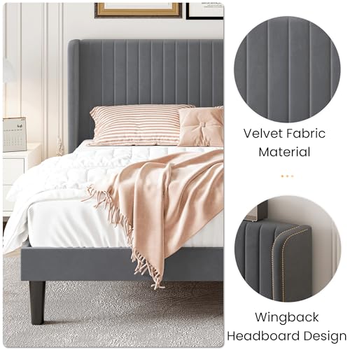SHA CERLIN Full Size Velvet Bed Frame, Tufted Wingback Headboard, Grey | 47'' Modern Vertical Channel Headboard, Upholstered Platform Bed, Wood Slats, No Box Spring Needed, Easy Assembly, Noise Free - color: Grey, size: Full