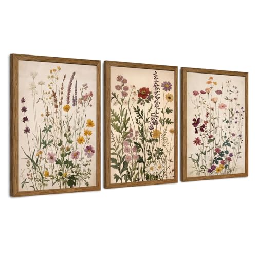 AVECCO 3 Piece Vintage Wildflower Botanical Framed Canvas Wall Art 12x16 in | Uv Fade-Resistant Ink, Giclée Print, Wooden Frame, Triptych Nature Floral Artwork, Ready to Hang, Living Room Bedroom Decor - color: Colorful, size: 16"L x 12"W