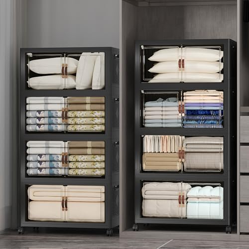 Stackable Storage Bins, 1440QT Collapsible Drawers with 2 Lids | Large Capacity, Magnetic Door, Stack Lock, Rolling Wheels, Foldable Design, Organizers and Storage for Bedroom Dorm Garage - color: Dark-175QT, size: 8Pack with 2 top lids