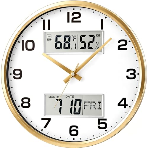 13" Gold Battery Powered Silent Wall Clock | Calendar, Temperature, Humidity, J-3728 - color: Gold
