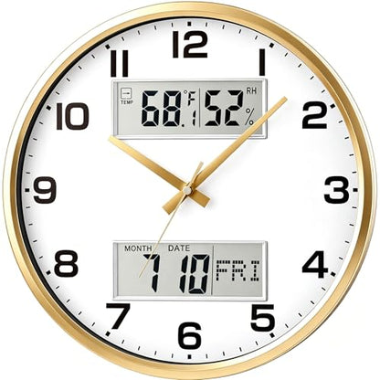 13" Gold Battery Powered Silent Wall Clock | Calendar, Temperature, Humidity, J-3728 - color: Gold