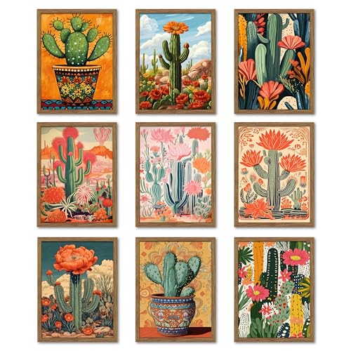 Vintage Desert Cactus Wall Art Prints Set of 9 – Mexican Botanical Cactus Posters, Western Country Style Wall Decor for Living Room Bedroom Office – 8x10in Unframed - color: Cactus, size: 10L" x 8W"