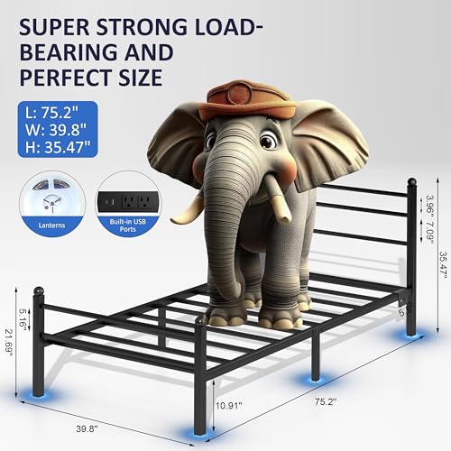 J.Fkne Twin Bed Frame with LED Lights & Charging Station, Metal Platform Bed with Headboard, Heavy Duty Metal Slats, No Box Spring Needed, Noise Free, Easy Assembly, Black - size: Twin, style: Classic Black