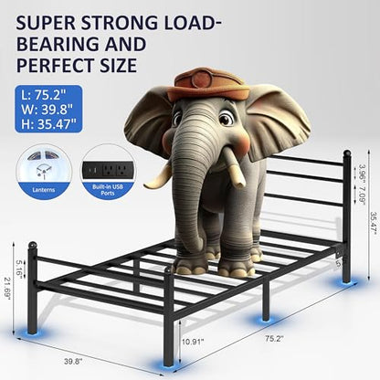 J.Fkne Twin Bed Frame with LED Lights & Charging Station, Metal Platform Bed with Headboard, Heavy Duty Metal Slats, No Box Spring Needed, Noise Free, Easy Assembly, Black - size: Twin, style: Classic Black