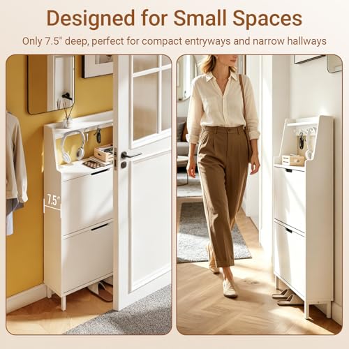 HHaotian Flip-Drawer Shoe Cabinet with Two Drawers & Open Shelves | Slim Hidden Shoe Rack Cabinet with Hook for Entryway, FSR221-W - color: White, size: 2-Drawers+Shelf